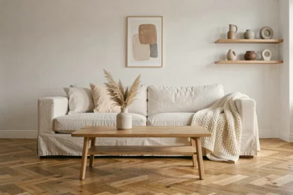 Salon minimaliste avec canapé en lin crème, table basse en bois et décoration épurée pour un intérieur confortable et aéré