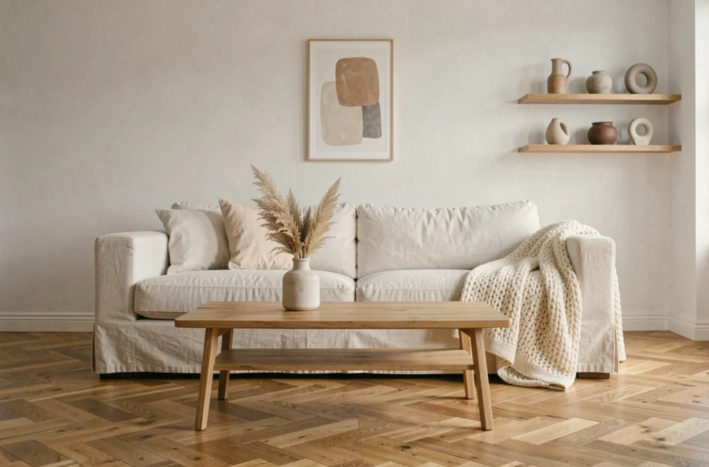 Salon minimaliste avec canapé en lin crème, table basse en bois et décoration épurée pour un intérieur confortable et aéré