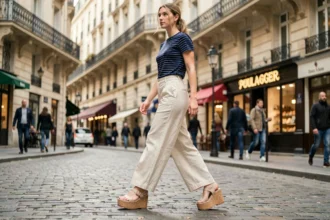 Femme portant des sandales à plateformes en liège dans une rue pavée parisienne, avec un pantalon en lin et un top rayé
