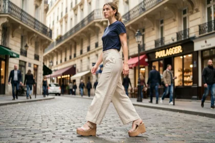 Femme portant des sandales à plateformes en liège dans une rue pavée parisienne, avec un pantalon en lin et un top rayé