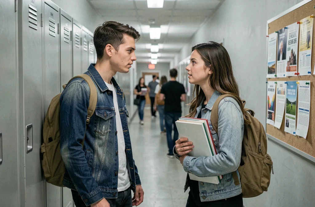 Deux jeunes étudiants face à face dans un couloir universitaire dans une scène émotionnellement ambiguë évoquant un webtoon romantique