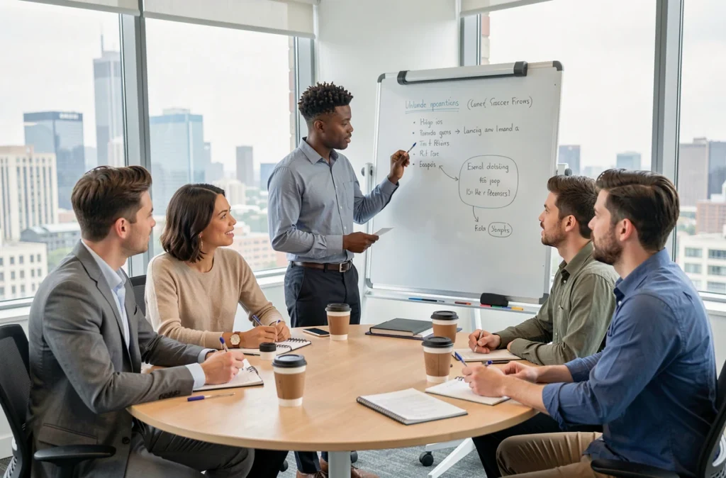 Session d'intégration collective de nouvelles recrues autour d'une table de réunion en entreprise