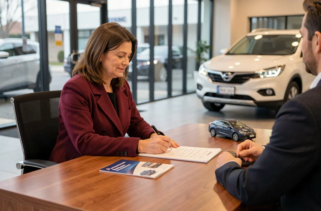 Femme signant un contrat de location longue durée dans une concession automobile avec un conseiller commercial