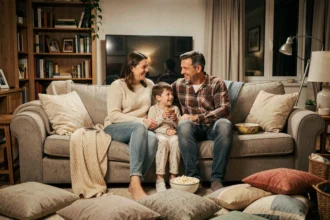 Famille réunie sur un canapé pour une soirée cinéma maison avec pop-corn et couvertures