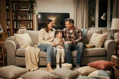 Famille réunie sur un canapé pour une soirée cinéma maison avec pop-corn et couvertures