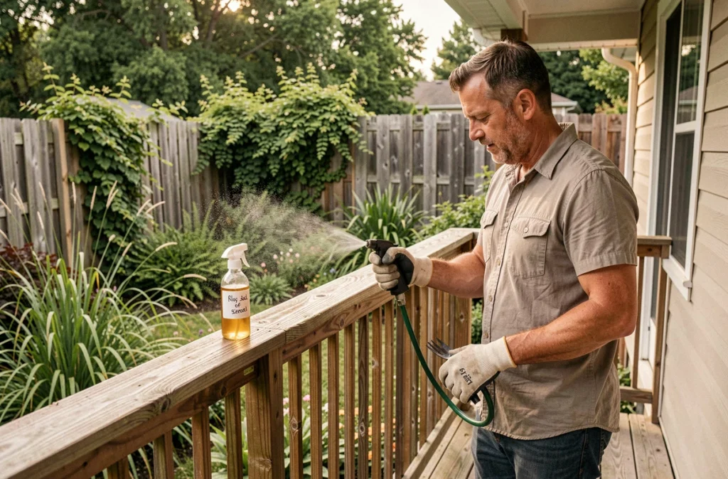 Homme appliquant un spray répulsif naturel contre les moustiques sur la rambarde d'une terrasse en bois entourée de végétation