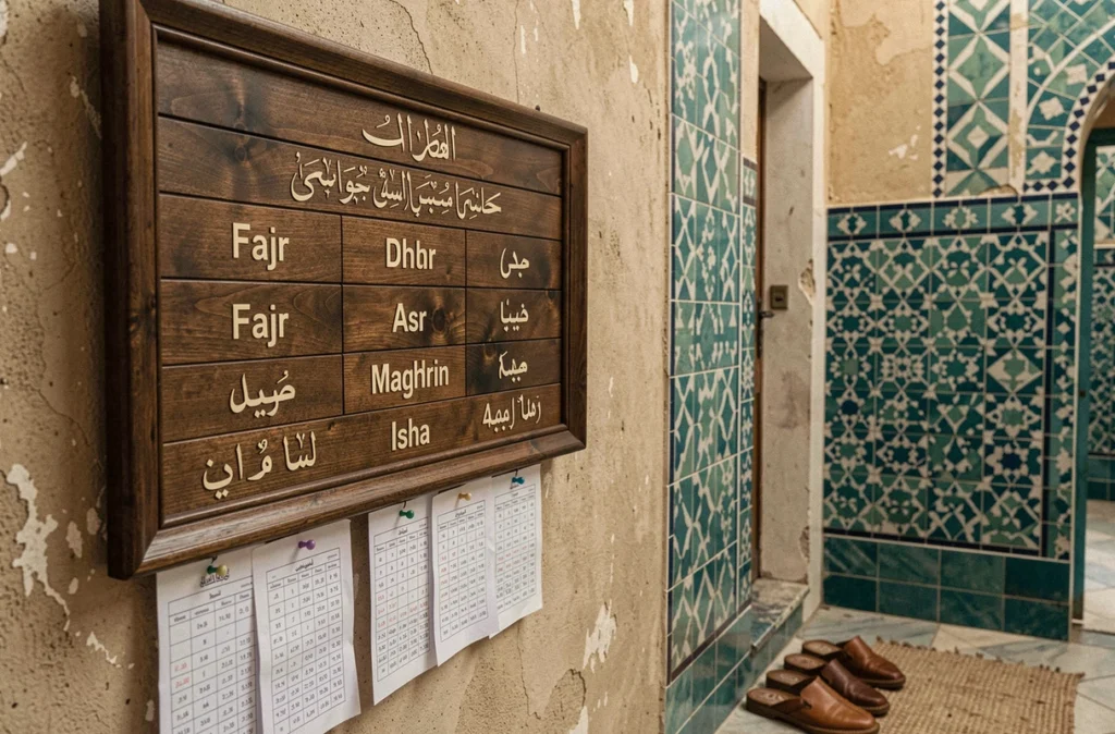 Tableau des horaires de prière en arabe et français affiché dans une mosquée de Marseille