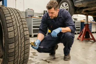 Technicien automobile inspectant la profondeur de la bande de roulement d'un pneu avec un indicateur de mesure dans un garage professionnel