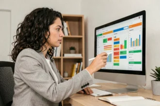 Femme en télétravail utilisant un outil de gestion de projet sur un grand écran d'ordinateur dans un bureau minimaliste à domicile