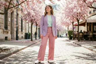 Femme portant une tenue printanière en couleurs pastel avec blazer lavande, haut menthe et pantalon rose blush dans une rue pavée fleurie