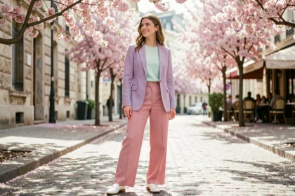 Femme portant une tenue printanière en couleurs pastel avec blazer lavande, haut menthe et pantalon rose blush dans une rue pavée fleurie