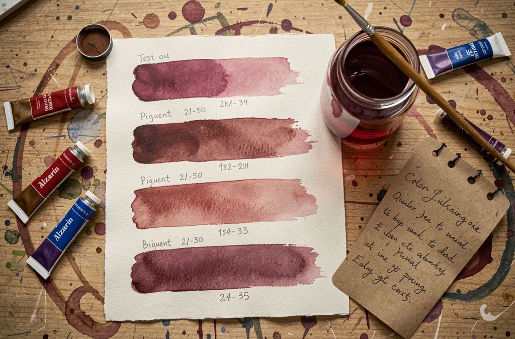 Vue de dessus d'une palette de tests de couleurs bordeaux en aquarelle avec tubes de peinture et guide de mélange sur un bureau d'artiste