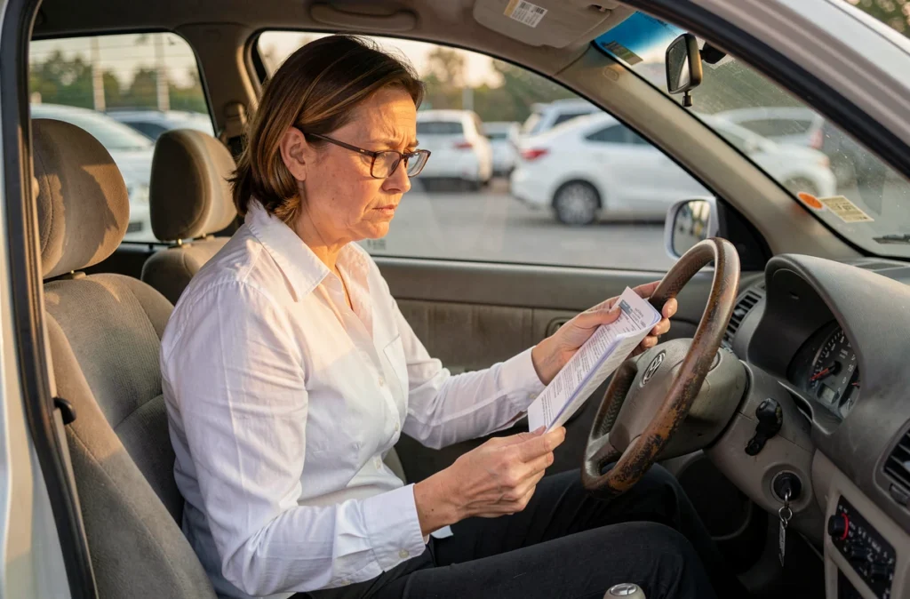 Femme vérifiant le kilométrage et les documents d'un véhicule d'occasion à l'intérieur de l'habitacle