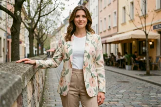Femme portant une veste légère à motifs fleuris en demi-saison sur une rue pavée au printemps