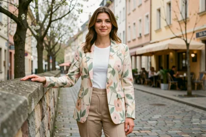Femme portant une veste légère à motifs fleuris en demi-saison sur une rue pavée au printemps