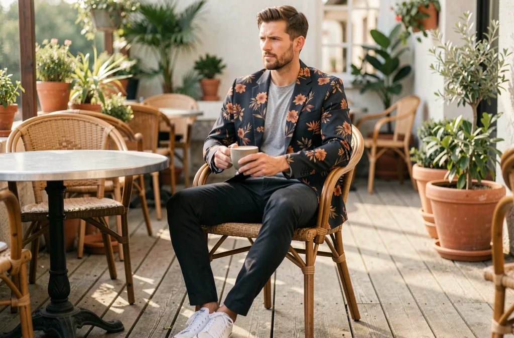 Homme en veste légère à imprimé floral assis en terrasse de café en intersaison