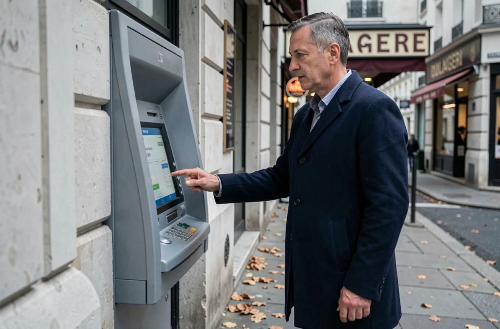 Homme configurant un virement automatique d'épargne à un distributeur bancaire dans une rue française