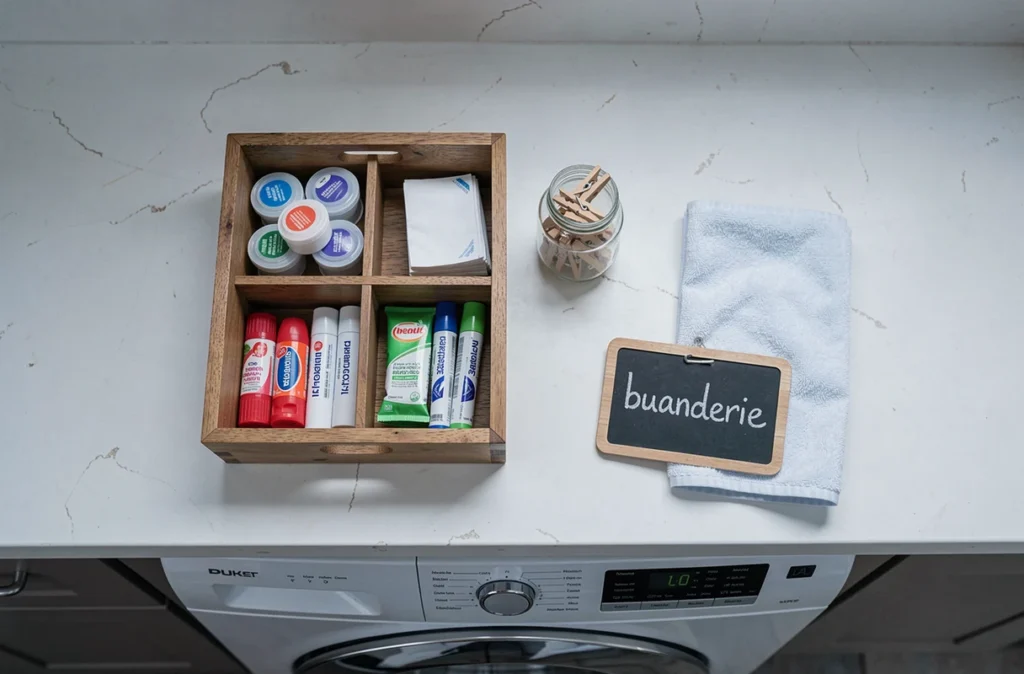 Vue aérienne d'un plan de travail de buanderie organisé avec accessoires de rangement pour produits ménagers