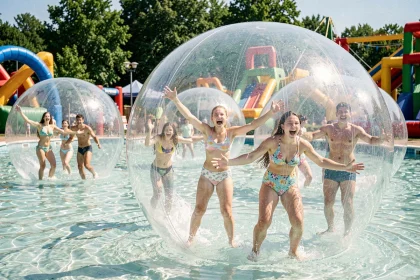 Adolescents jouant dans des waterballs transparentes sur un plan d'eau lors d'une journée d'été en parc de loisirs